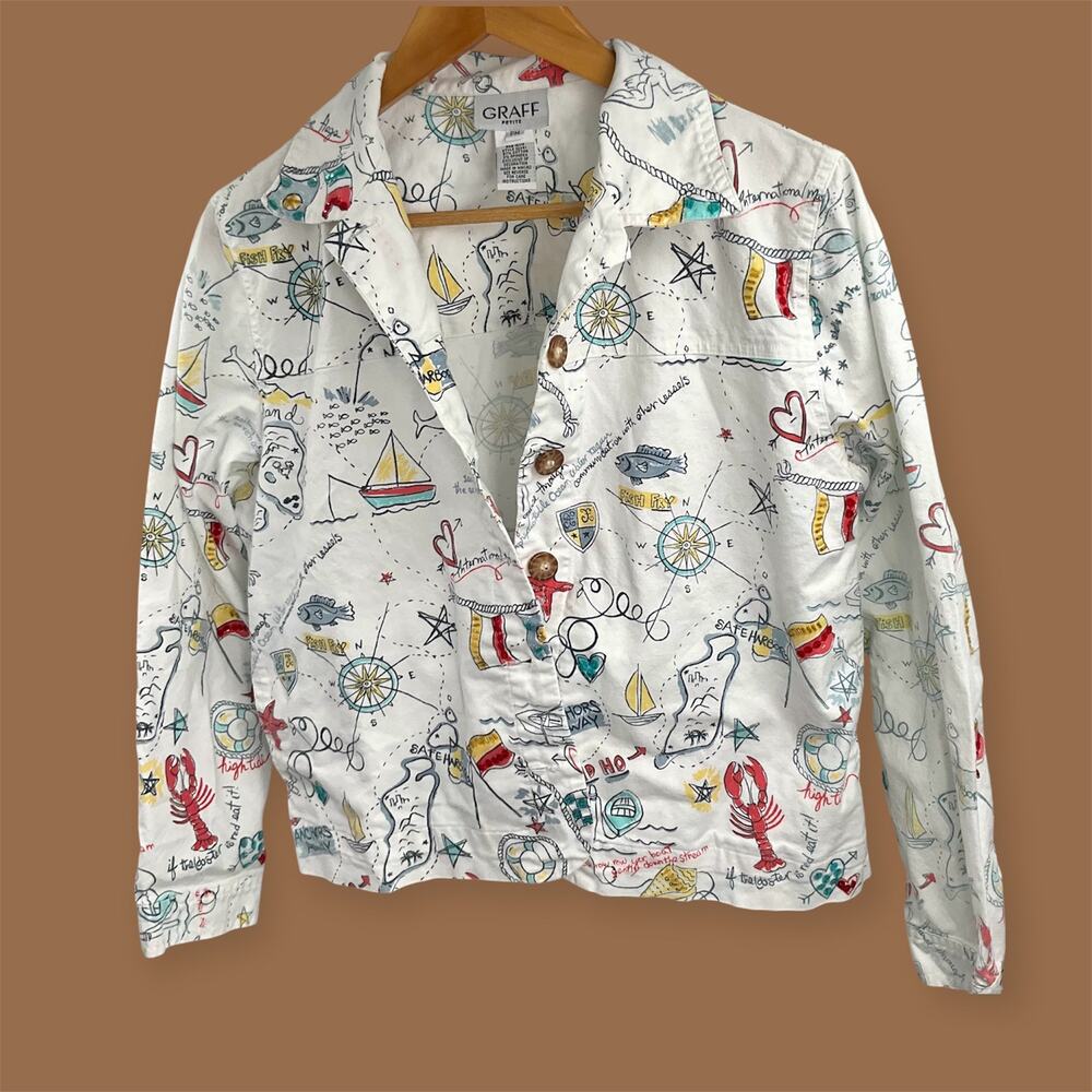 Vintage GRAFF Cropped Embellished Jacket Nautical Coastal Doodle Print Medium